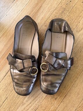 Chloe Metallic Bronze Bow-Loafers with Gold Ring Accent